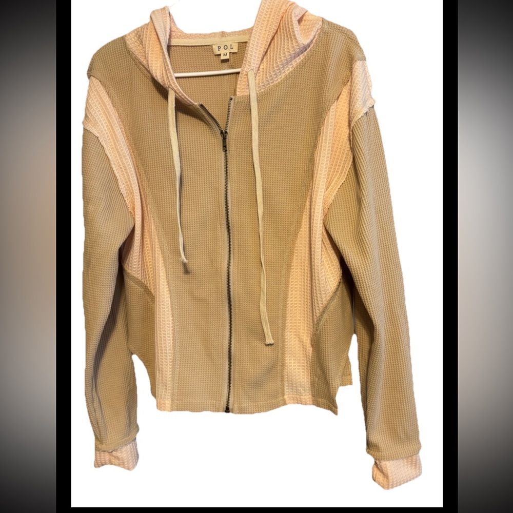 Pol‎ Women’s Zip Up Waffle Hoodie Cropped med tan and pink